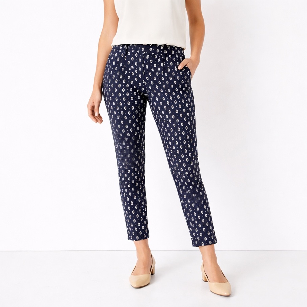 LOFT Julie Riviera Ankle Pants Navy Geometric Print Size 10